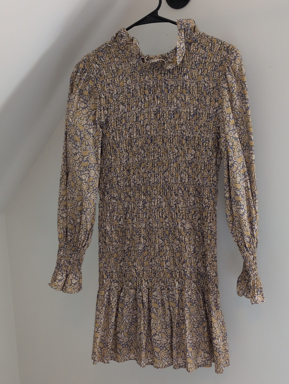 Liberty of London Yellow, Blue, Cream Smocked Long Sleeve Mini Dress